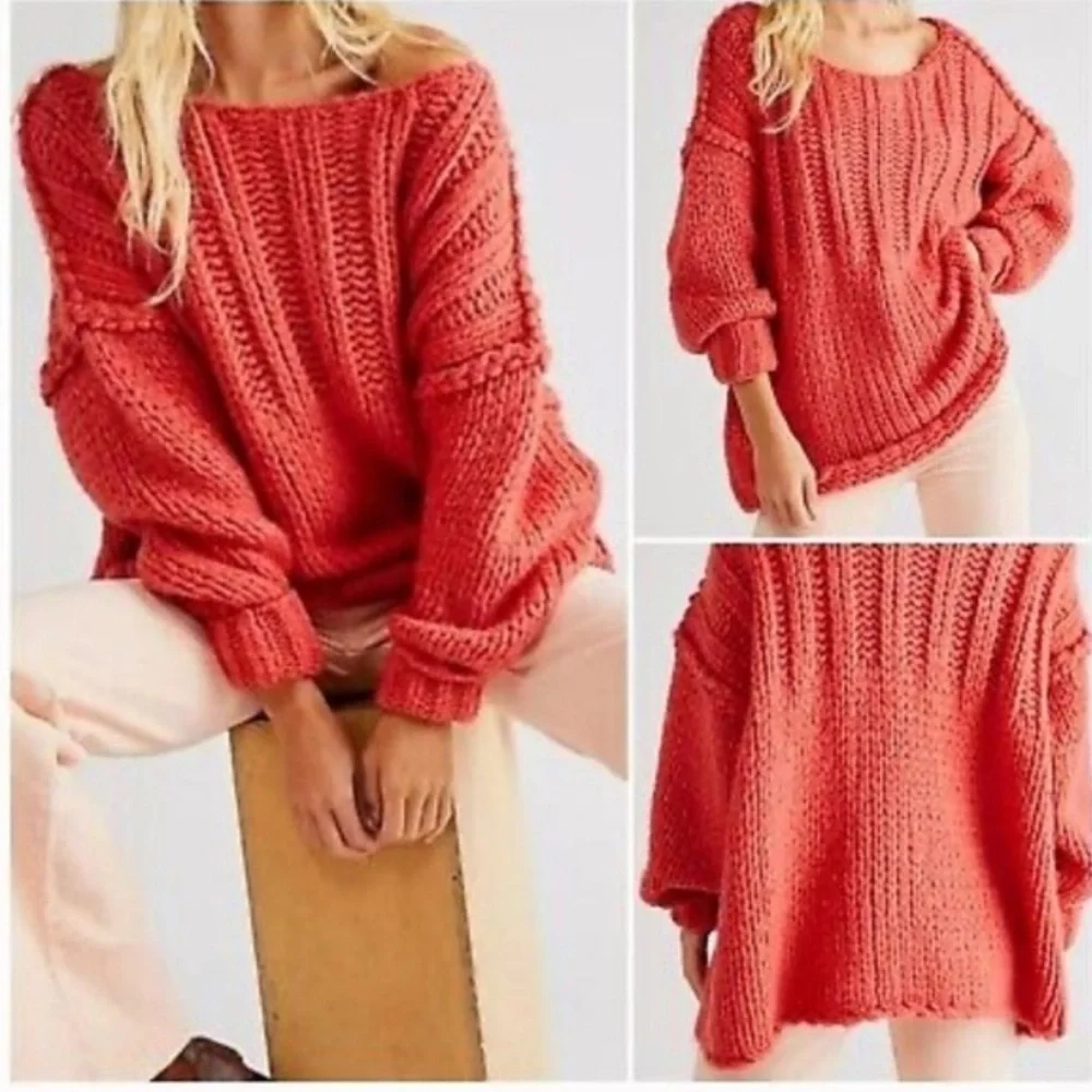 Free People Be There Pullover Oversized Chunky Tunic/Sweater- Coral